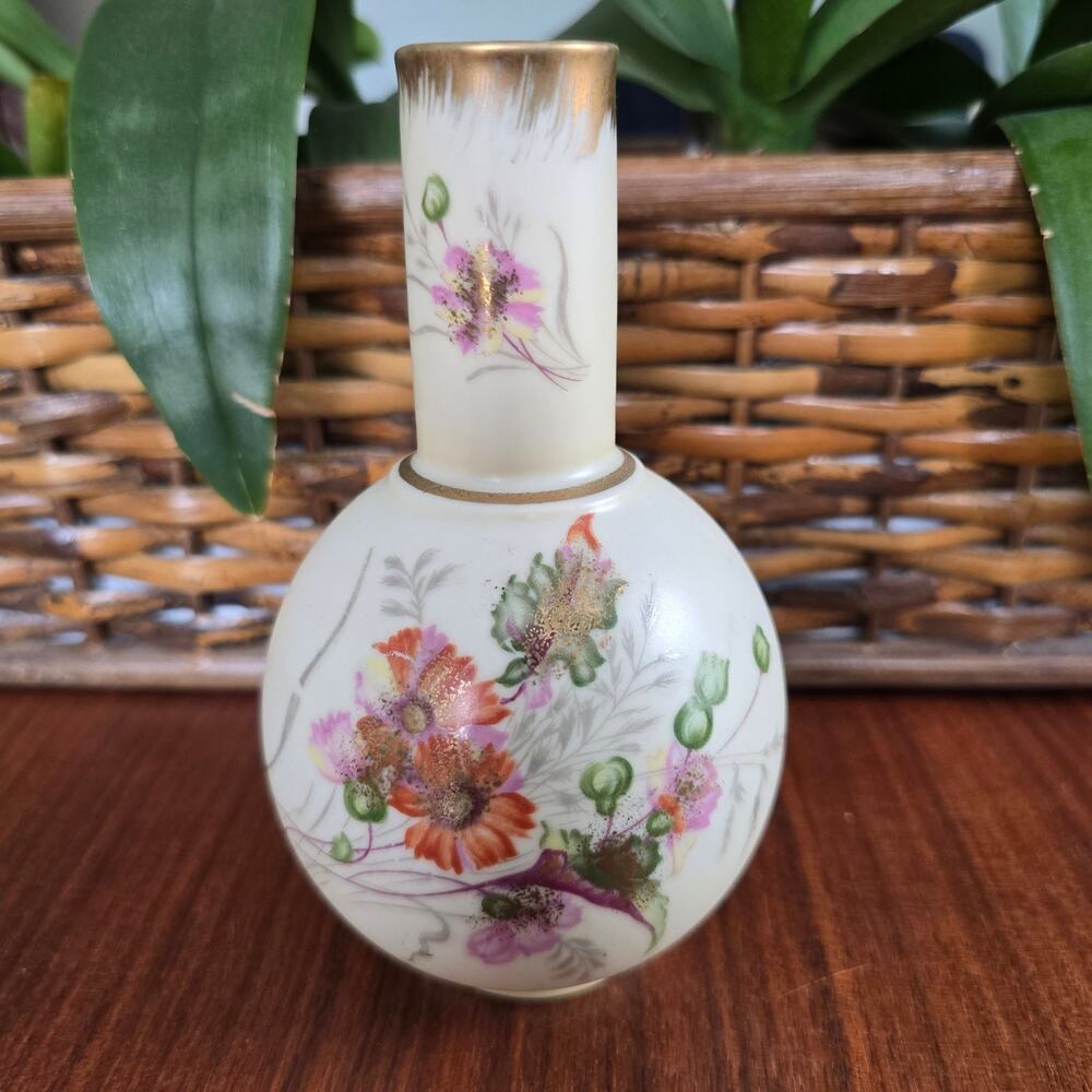 Vintage Bud Vase Hand Painted Orange Green Floral Gold Accents Cottagecore